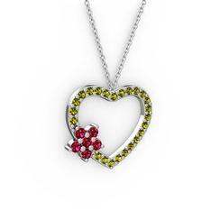 Rodolit garnet ve peridot 14 ayar beyaz altın kolye (40 cm beyaz altın rolo zincir)