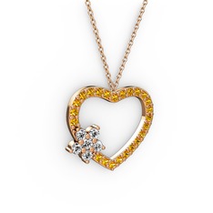 Maita Kalp Kolye - Beyaz zirkon ve sitrin 14 ayar rose altın kolye (40 cm rose altın rolo zincir) #9pb6ba
