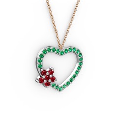 Garnet ve yeşil kuvars 14 ayar beyaz altın kolye (40 cm rose altın rolo zincir)