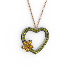 Sitrin ve peridot 925 ayar siyah rodyum kaplama gümüş kolye (40 cm rose altın rolo zincir)