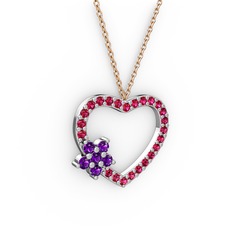 Ametist ve rodolit garnet 18 ayar beyaz altın kolye (40 cm rose altın rolo zincir)