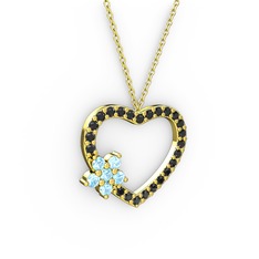 Maita Kalp Kolye - Akuamarin ve siyah zirkon 8 ayar altın kolye (40 cm gümüş rolo zincir) #byri17