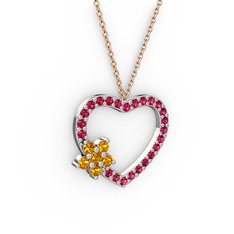 Maita Kalp Kolye - Sitrin ve rodolit garnet 14 ayar beyaz altın kolye (40 cm rose altın rolo zincir) #c227na