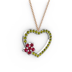 Rodolit garnet ve peridot 8 ayar beyaz altın kolye (40 cm rose altın rolo zincir)