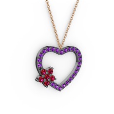 Maita Kalp Kolye - Rodolit garnet ve ametist 925 ayar siyah rodyum kaplama gümüş kolye (40 cm rose altın rolo zincir) #cxcyzk