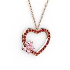 Pembe kuvars ve garnet 14 ayar rose altın kolye (40 cm rose altın rolo zincir)