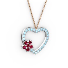 Rodolit garnet ve akuamarin 18 ayar beyaz altın kolye (40 cm rose altın rolo zincir)