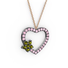 Maita Kalp Kolye - Peridot ve pembe kuvars 925 ayar siyah rodyum kaplama gümüş kolye (40 cm rose altın rolo zincir) #hcuegp