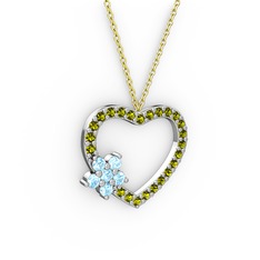 Akuamarin ve peridot 18 ayar beyaz altın kolye (40 cm altın rolo zincir)