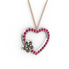 Maita Kalp Kolye - Dumanlı kuvars ve rodolit garnet 14 ayar beyaz altın kolye (40 cm rose altın rolo zincir) #j6l88u