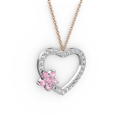 Maita Kalp Kolye - Pembe kuvars ve beyaz zirkon 14 ayar beyaz altın kolye (40 cm rose altın rolo zincir) #j6nfs8