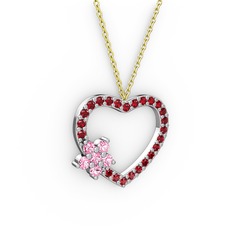 Pembe kuvars ve garnet 18 ayar beyaz altın kolye (40 cm altın rolo zincir)