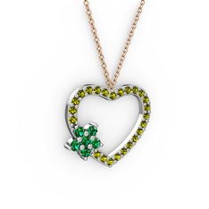 Yeşil kuvars ve peridot 14 ayar beyaz altın kolye (40 cm rose altın rolo zincir)