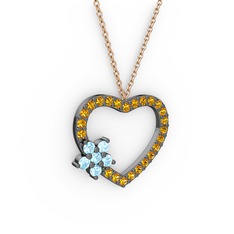Maita Kalp Kolye - Akuamarin ve sitrin 925 ayar siyah rodyum kaplama gümüş kolye (40 cm rose altın rolo zincir) #l4iirp
