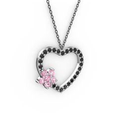 Maita Kalp Kolye - Pembe kuvars ve siyah zirkon 18 ayar beyaz altın kolye (40 cm gümüş rolo zincir) #m3ual7