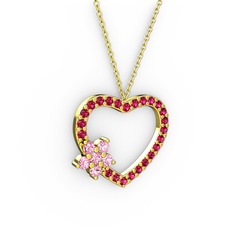 Maita Kalp Kolye - Pembe kuvars ve rodolit garnet 18 ayar altın kolye (40 cm altın rolo zincir) #omq8c6