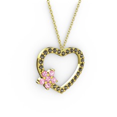 Maita Kalp Kolye - Pembe kuvars ve dumanlı kuvars 8 ayar altın kolye (40 cm altın rolo zincir) #pjqdly