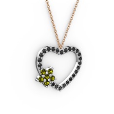 Maita Kalp Kolye - Peridot ve siyah zirkon 8 ayar beyaz altın kolye (40 cm rose altın rolo zincir) #q3459