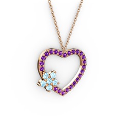 Maita Kalp Kolye - Akuamarin ve ametist 14 ayar rose altın kolye (40 cm rose altın rolo zincir) #rar85g