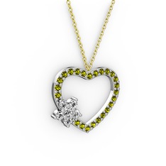 Pırlanta ve peridot 18 ayar beyaz altın kolye (0.216 karat, 40 cm altın rolo zincir)