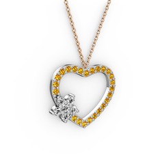 Maita Kalp Kolye - Pırlanta ve sitrin 14 ayar beyaz altın kolye (0.216 karat, 40 cm rose altın rolo zincir) #src4rv