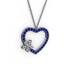 Maita Kalp Kolye - Pırlanta ve lab safir 925 ayar siyah rodyum kaplama gümüş kolye (0.216 karat, 40 cm gümüş rolo zincir) #tfcd39
