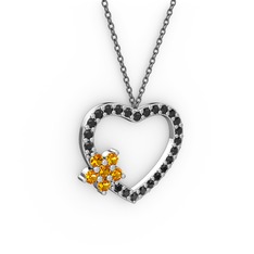 Maita Kalp Kolye - Sitrin ve siyah zirkon 18 ayar beyaz altın kolye (40 cm gümüş rolo zincir) #v2dmr0