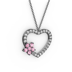 Maita Kalp Kolye - Pembe kuvars ve swarovski 925 ayar siyah rodyum kaplama gümüş kolye (40 cm gümüş rolo zincir) #v569v0