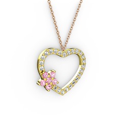 Pembe kuvars ve swarovski 14 ayar altın kolye (40 cm rose altın rolo zincir)