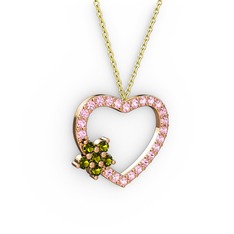 Maita Kalp Kolye - Peridot ve pembe kuvars 18 ayar rose altın kolye (40 cm altın rolo zincir) #x4fmda