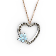 Maita Kalp Kolye - Akuamarin ve dumanlı kuvars 18 ayar beyaz altın kolye (40 cm rose altın rolo zincir) #x5ee85