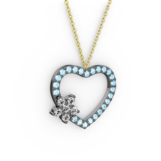 Maita Kalp Kolye - Swarovski ve akuamarin 925 ayar siyah rodyum kaplama gümüş kolye (40 cm gümüş rolo zincir) #ygcszo