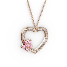 Maita Kalp Kolye - Pembe kuvars ve pırlanta 8 ayar rose altın kolye (0.36 karat, 40 cm gümüş rolo zincir) #yp4b03