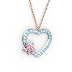 Maita Kalp Kolye - Pembe kuvars ve akuamarin 14 ayar beyaz altın kolye (40 cm gümüş rolo zincir) #z6dged