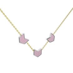 Üçlü Menta Kolye - Pembe kuvars 18 ayar beyaz altın kolye (40 cm altın rolo zincir) #16q2sel