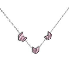 Pembe kuvars 925 ayar siyah rodyum kaplama gümüş kolye (40 cm beyaz altın rolo zincir)
