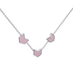 Üçlü Menta Kolye - Pembe kuvars 14 ayar beyaz altın kolye (40 cm gümüş rolo zincir) #8w12x2
