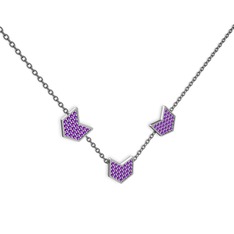 Üçlü Menta Kolye - Ametist 18 ayar beyaz altın kolye (40 cm gümüş rolo zincir) #9vo9m6