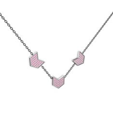 Üçlü Menta Kolye - Pembe kuvars 18 ayar beyaz altın kolye (40 cm gümüş rolo zincir) #xa8cip