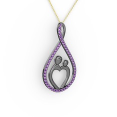 Anne Kalbi Kolye - Ametist 925 ayar siyah rodyum kaplama gümüş kolye (40 cm altın rolo zincir) #11edzbk