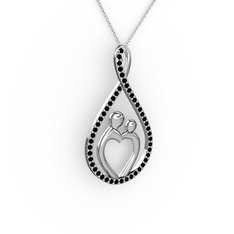 Anne Kalbi Kolye - Siyah zirkon 14 ayar beyaz altın kolye (40 cm gümüş rolo zincir) #3mkndp