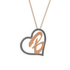 925 ayar siyah rodyum kaplama gümüş kolye (1 karakterli el yazısı, 40 cm rose altın rolo zincir)