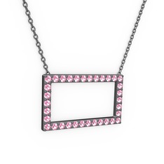 Dikdörtgen Kolye - Pembe kuvars 925 ayar siyah rodyum kaplama gümüş kolye (40 cm gümüş rolo zincir) #1hxwhmu
