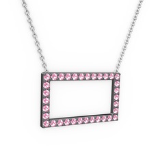 Dikdörtgen Kolye - Pembe kuvars 925 ayar siyah rodyum kaplama gümüş kolye (40 cm beyaz altın rolo zincir) #1jekgfu