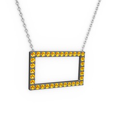 Dikdörtgen Kolye - Sitrin 925 ayar siyah rodyum kaplama gümüş kolye (40 cm beyaz altın rolo zincir) #1oet80b