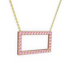 Dikdörtgen Kolye - Pembe kuvars 14 ayar rose altın kolye (40 cm altın rolo zincir) #a8524
