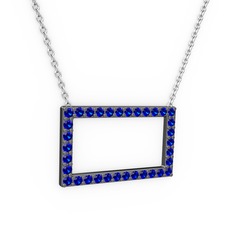 Dikdörtgen Kolye - Lab safir 925 ayar siyah rodyum kaplama gümüş kolye (40 cm beyaz altın rolo zincir) #p5aa8c