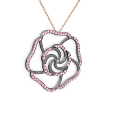 Taşlı Gül Kolye - Pembe kuvars 925 ayar siyah rodyum kaplama gümüş kolye (40 cm rose altın rolo zincir) #153ytgr