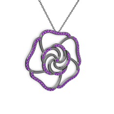 Taşlı Gül Kolye - Ametist 925 ayar siyah rodyum kaplama gümüş kolye (40 cm gümüş rolo zincir) #17q0rqa