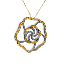 Taşlı Gül Kolye - Sitrin 925 ayar siyah rodyum kaplama gümüş kolye (40 cm altın rolo zincir) #1ogzark